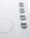 Summit Appliance CR425WH 24" Wide Four-Burner 230V Radiant Cooktop in Smooth White Ceramic Glass Surface with One Large 8" Element and Three Standard Elements, Push-to-turn Knobs, Indicator Lights