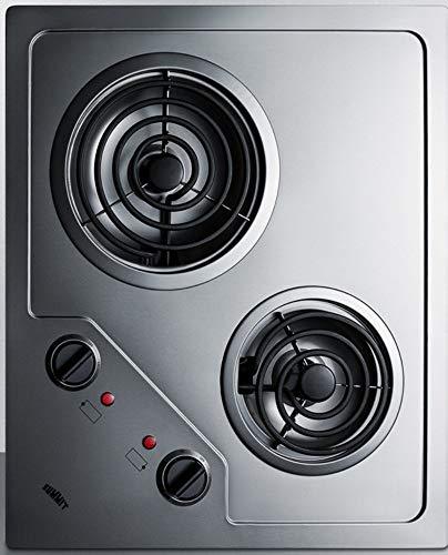 Summit CR2B224S Two Burner 230V Electric Cooktop Designed For Portrait or Landscape Installation With Coil Elements and Stainless Steel Finish Fits 20" x 16" Counter Cutouts, 3.38"H x 21.25"W x 18.0"D