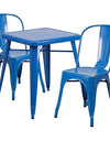 Flash Furniture Commercial Grade 23.75" Square Blue Metal Indoor-Outdoor Table Set with 2 Stack Chairs