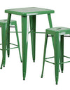 Flash Furniture Commercial Grade 23.75" Square Green Metal Indoor-Outdoor Bar Table Set with 2 Square Seat Backless Stools
