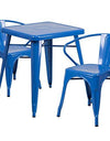 Flash Furniture Commercial Grade 23.75" Square Blue Metal Indoor-Outdoor Table Set with 2 Arm Chairs