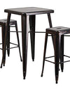 Flash Furniture Commercial Grade 23.75" Square Black-Antique Gold Metal Indoor-Outdoor Bar Table Set with 2 Square Seat Backless Stools