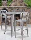 Flash Furniture Commercial Grade 30" Round Silver Metal Indoor-Outdoor Bar Table Set with 2 Vertical Slat Back Stools