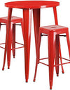 Flash Furniture Commercial Grade 30" Round Red Metal Indoor-Outdoor Bar Table Set with 2 Square Seat Backless Stools