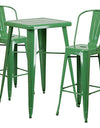 Flash Furniture Commercial Grade 23.75" Square Green Metal Indoor-Outdoor Bar Table Set with 2 Stools with Backs