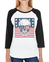 Skull American Flag Womens Black Raglan Shirt 3/4 Sleeve Crewneck