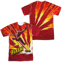 Jla/lightning Fast (front/back Print) -  S/s Adult 100% Poly Crew - White