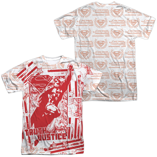 Superman/truth And Justice All Over (front/back Print) -  S/s Adult 100% Poly Crew - White